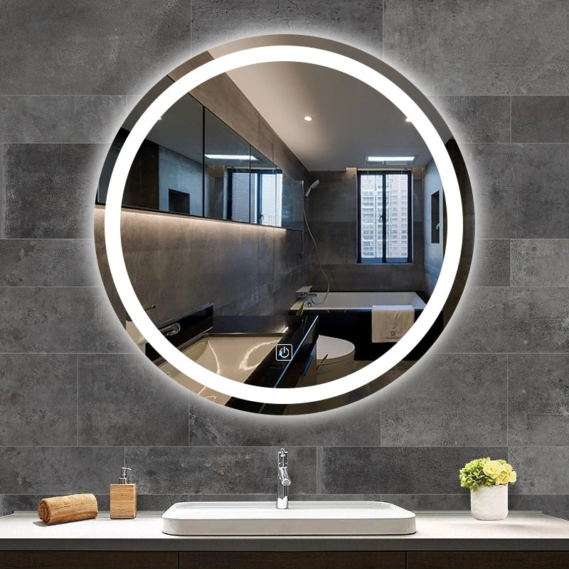 Specchio rotondo, lucido con illuminazione LED e pulsante touch – In saldo