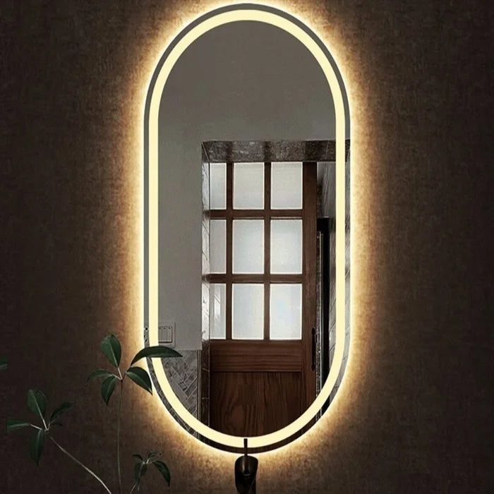 Specchio ovale sabbiato con illuminazione LED calda – 60 x 150 cm | Legno e vetro ovale