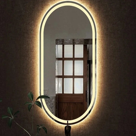 Specchio ovale sabbiato con illuminazione LED calda – 60 x 150 cm | Legno e vetro ovale