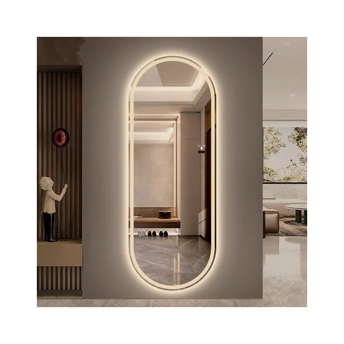 Specchio ovale sabbiato con illuminazione LED calda – 60 x 150 cm | Legno e vetro ovale