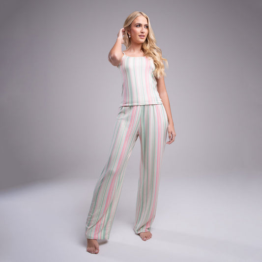Conjunto Pijama Feminino em Suede Listrado ? Regata e Calça Longa | Click Chique