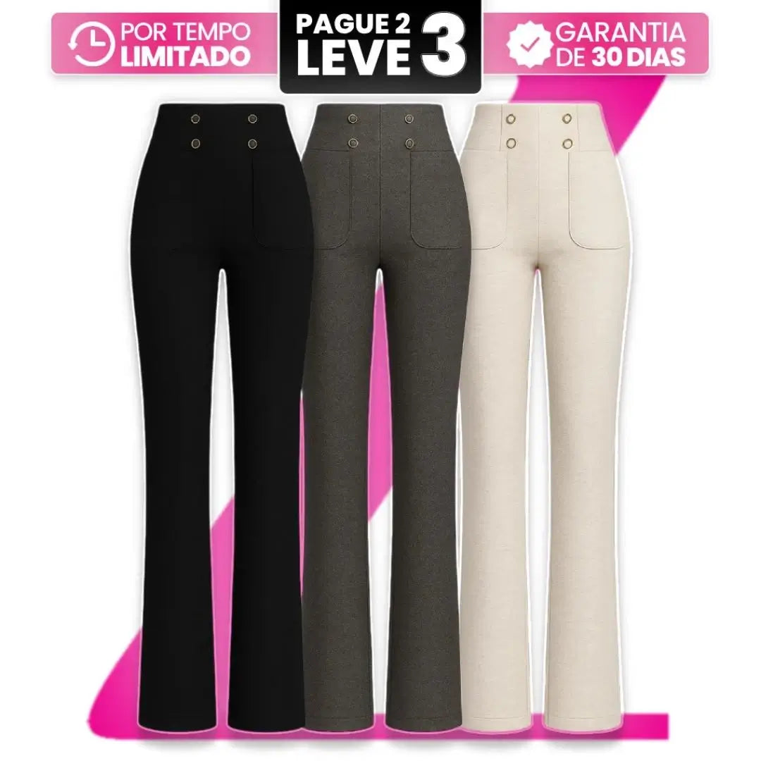 [Leve 3, Pague Só 2] Calça Solena Feminina em Algodão, Poliéster e Viscose de Cintura Alta com Botões Frontais