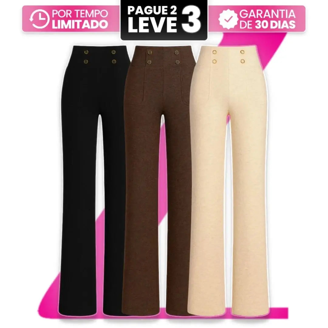 [Leve 3, Pague Só 2] Calça Solena Feminina em Algodão, Poliéster e Viscose de Cintura Alta com Botões Frontais