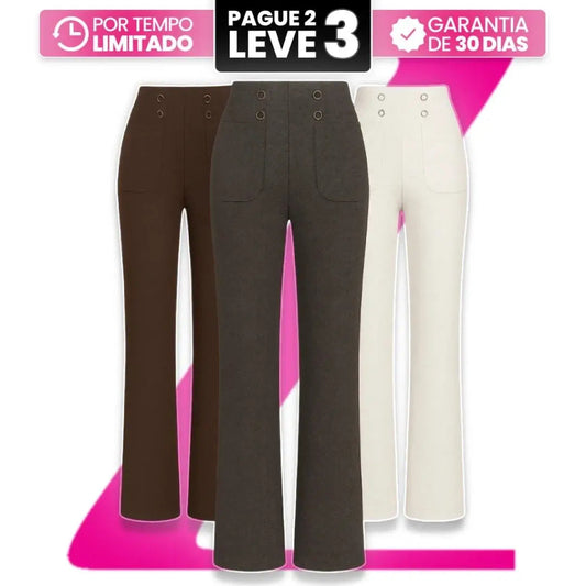 [Leve 3, Pague Só 2] Calça Solena Feminina em Algodão, Poliéster e Viscose de Cintura Alta com Botões Frontais
